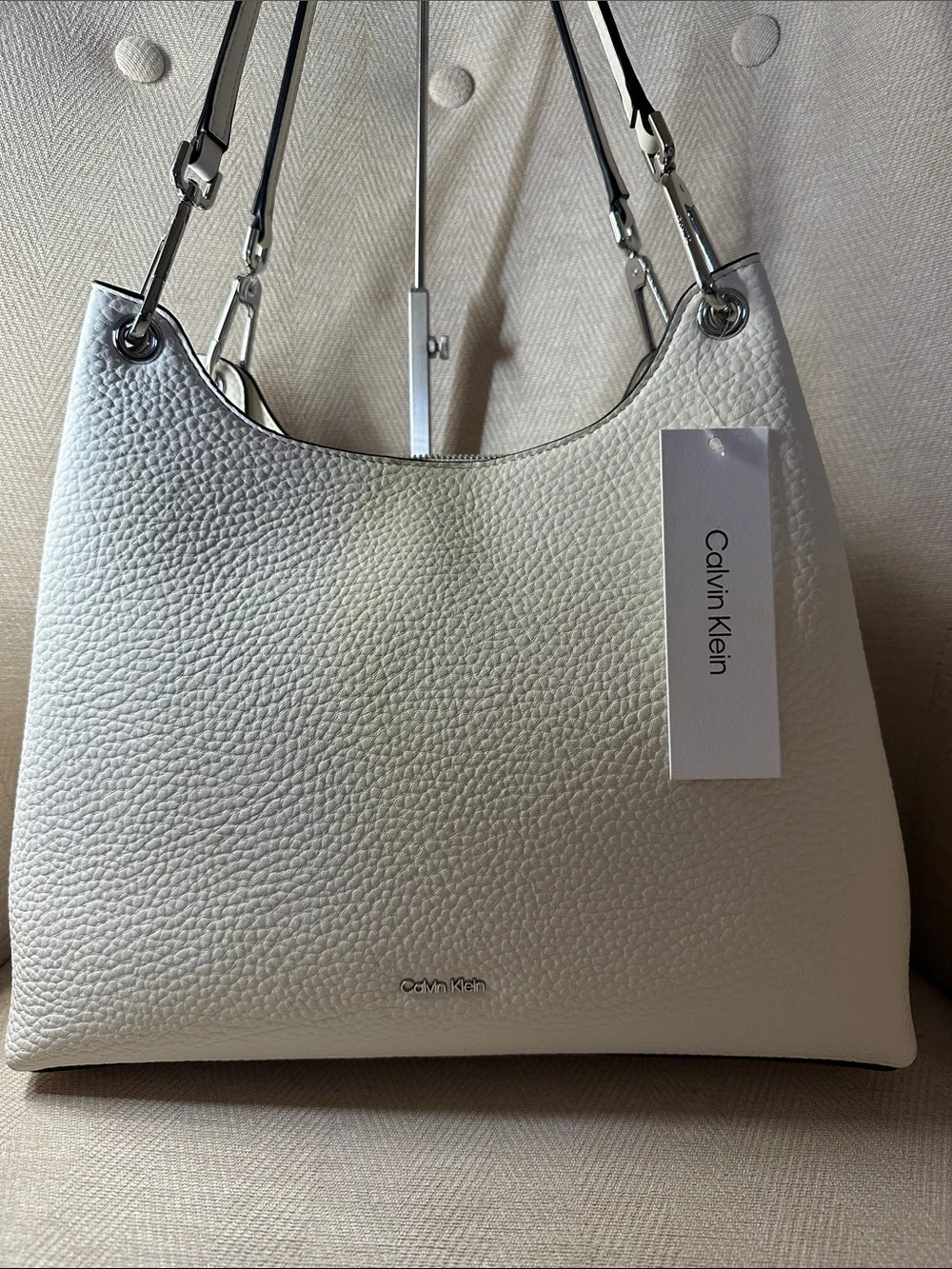 Calvin Klein Ivory Pebbled Leather Shoulder Tote